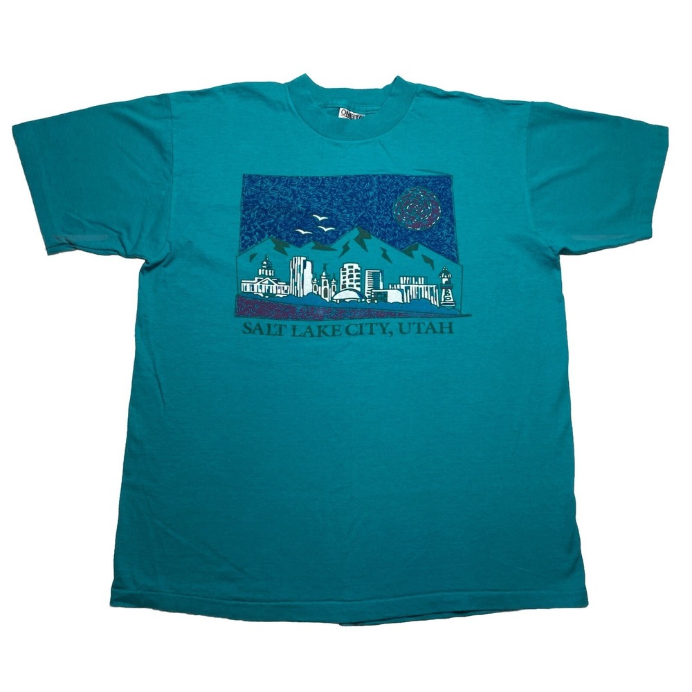 Vintage‎ Salt Lake City Utah T-Shirt Adult Large Teal Single Stitch USA
